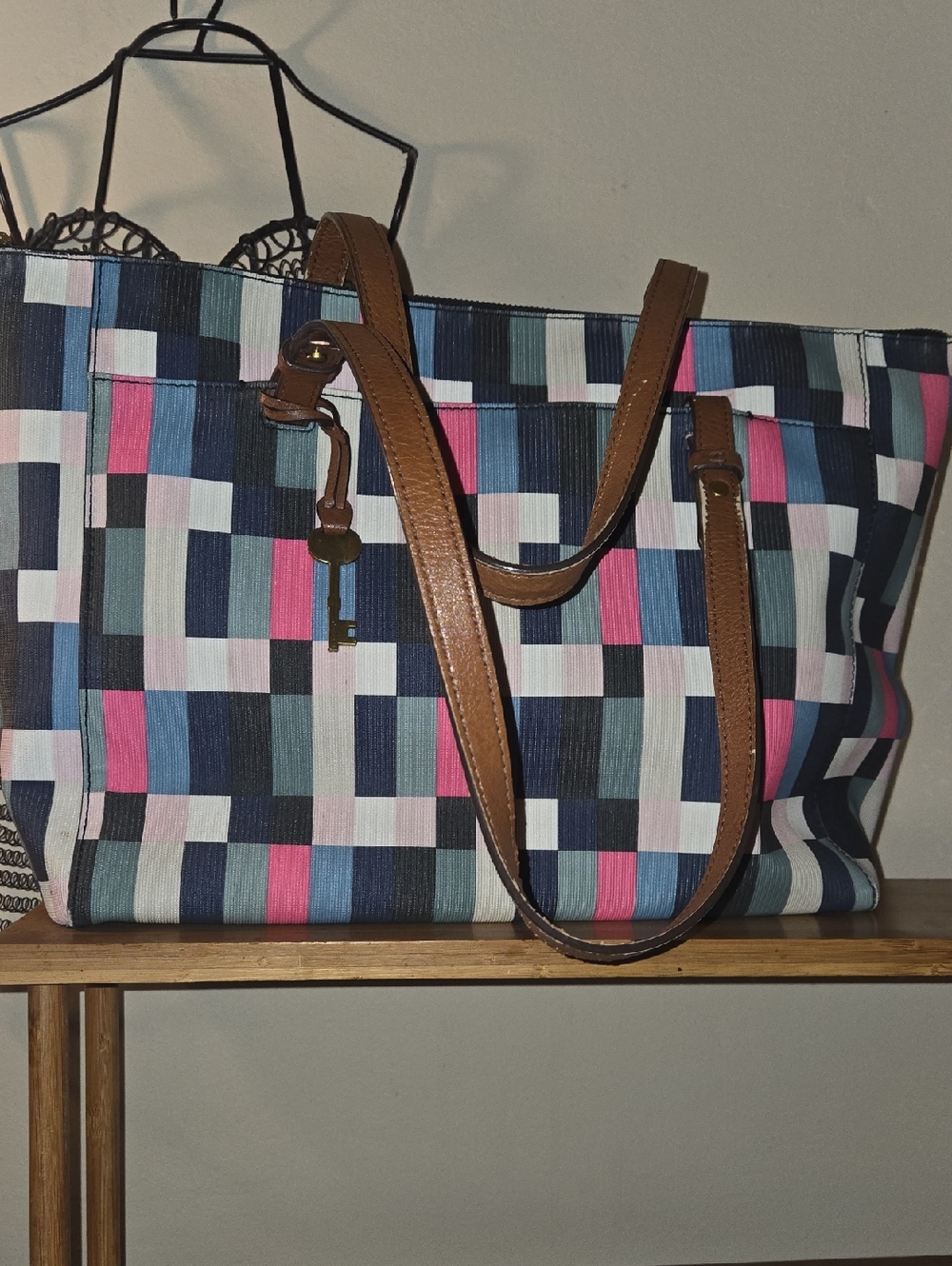 Stylish Multicolor Check Canvas Tote with Tan Handles